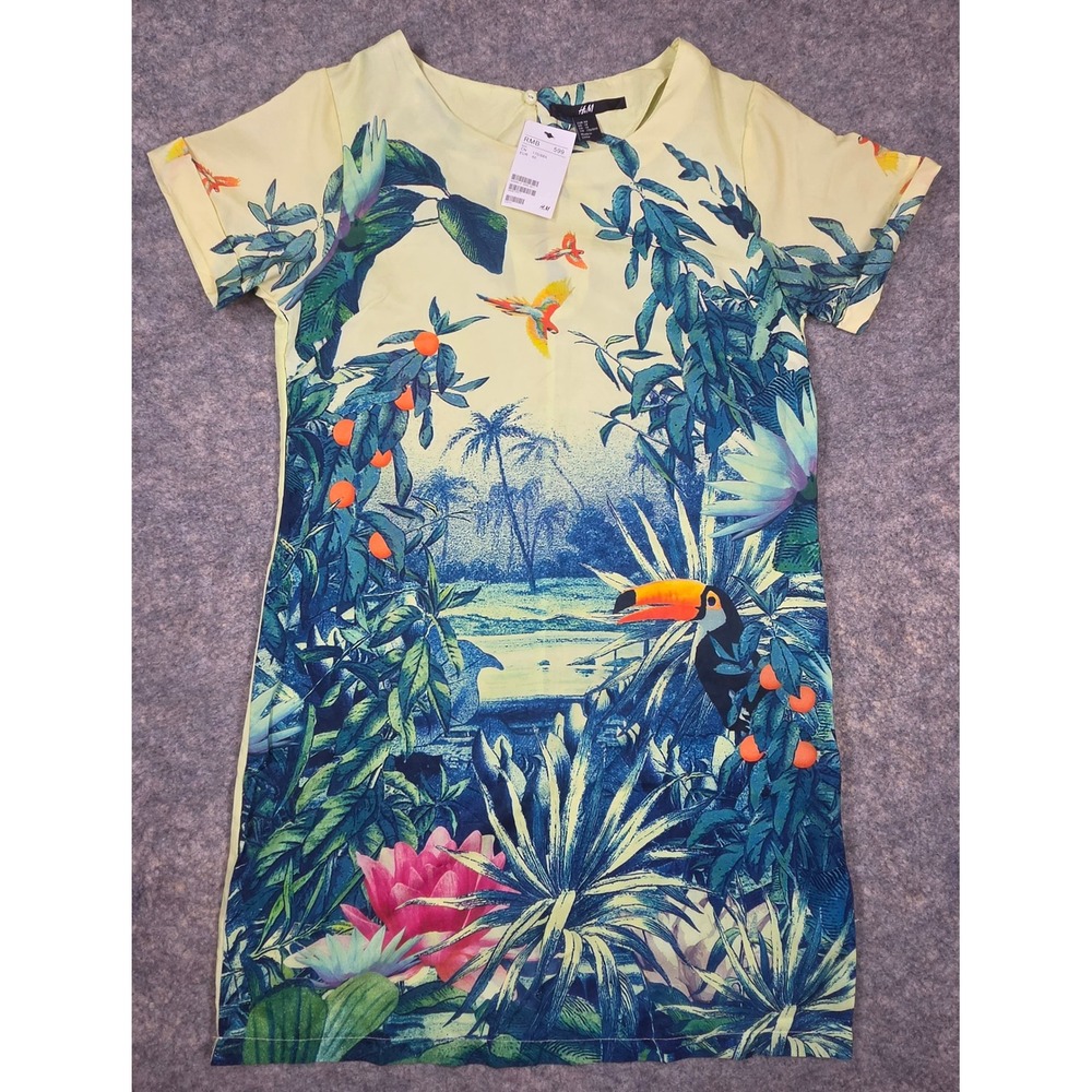 HM Tropical Toucan Parrot Print Shift Dress Yellow Short Sleeve Womens Sz 10 New